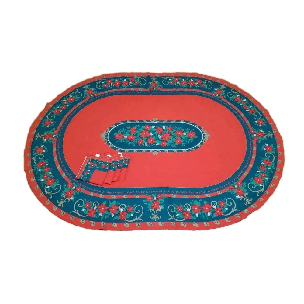 Poinsettia Christmas Tablecloth Oval 58x80 with Napkins 16x16‎ Red and Green